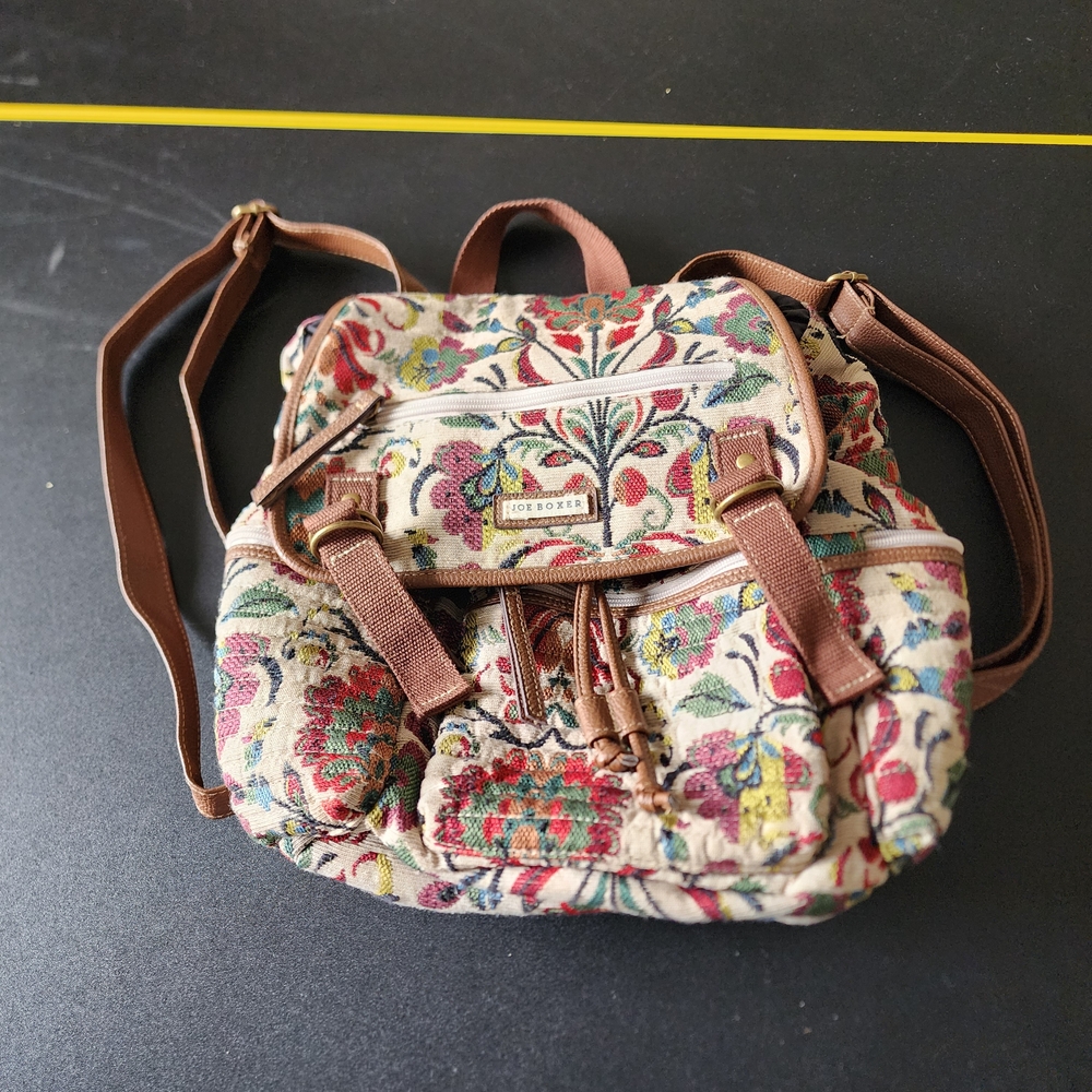Joe Boxer Vintage Y2k Multicolor Floral Backpack W/Leather Straps